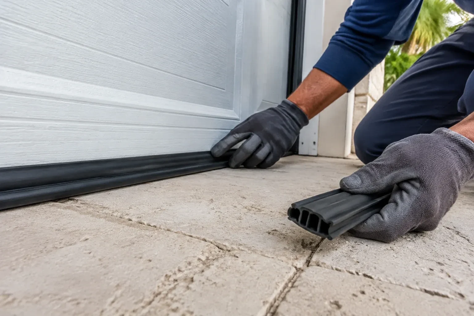 Gloved hands setting a black rubber seal along the base of a white garage door, holding a ribbed strip over paving stones. — Garage Door Bottom Seal Replacement, Markham