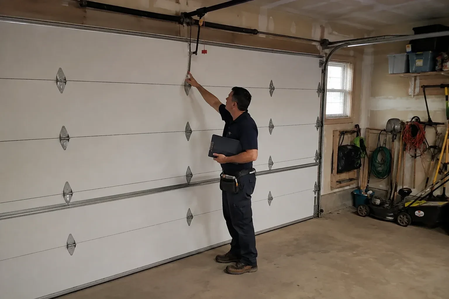A person holding a clipboard examines the interior hardware of a closed garage door. — Garage Door Tune-Up, Markham