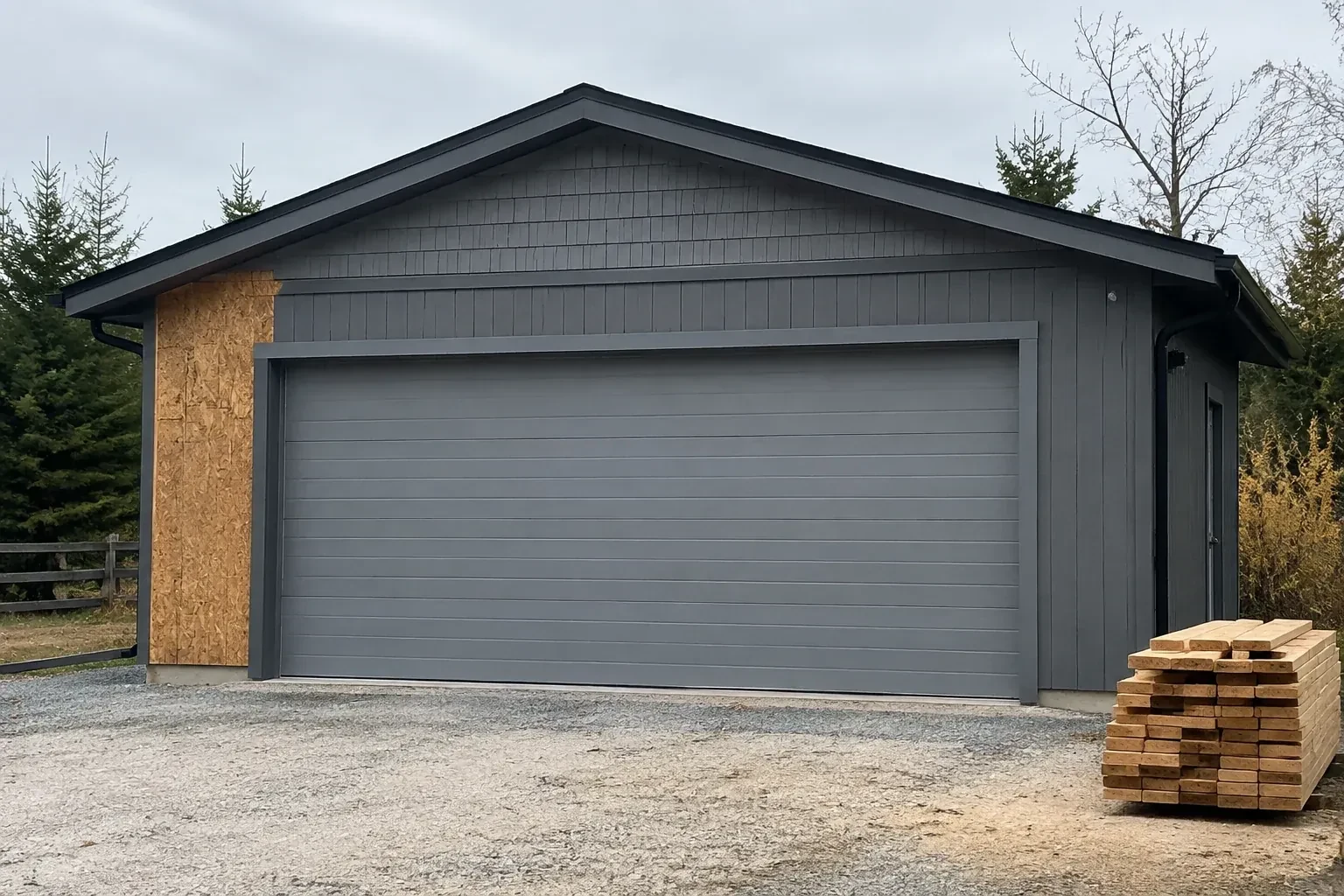 Closed grey garage door on a partly finished building beside stacked lumber. — New-Construction Garage Door Installation, Markham