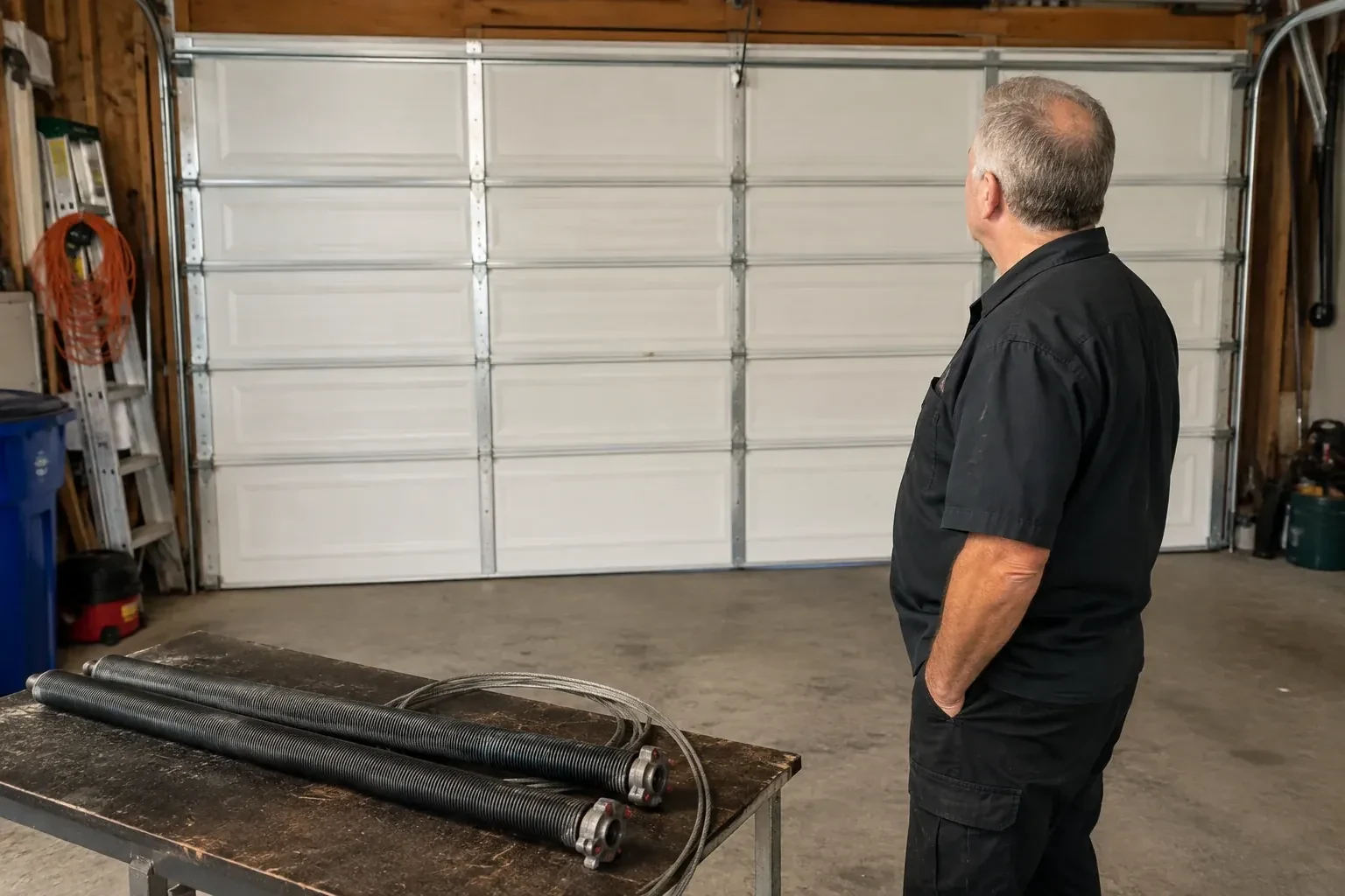 Detached coil springs with end fittings and a cable rest on a bench in front of a closed garage door. — Torsion Spring Replacement, Markham