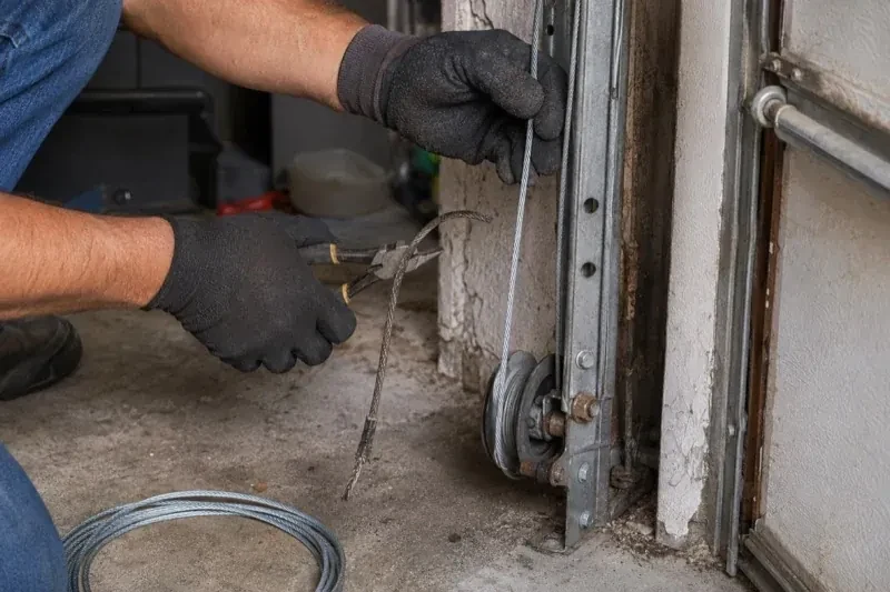 Gloved hands holding a bright cable and pliers gripping a frayed cable beside a garage-door track and pulley. — Garage Door Cable Replacement, Markham
