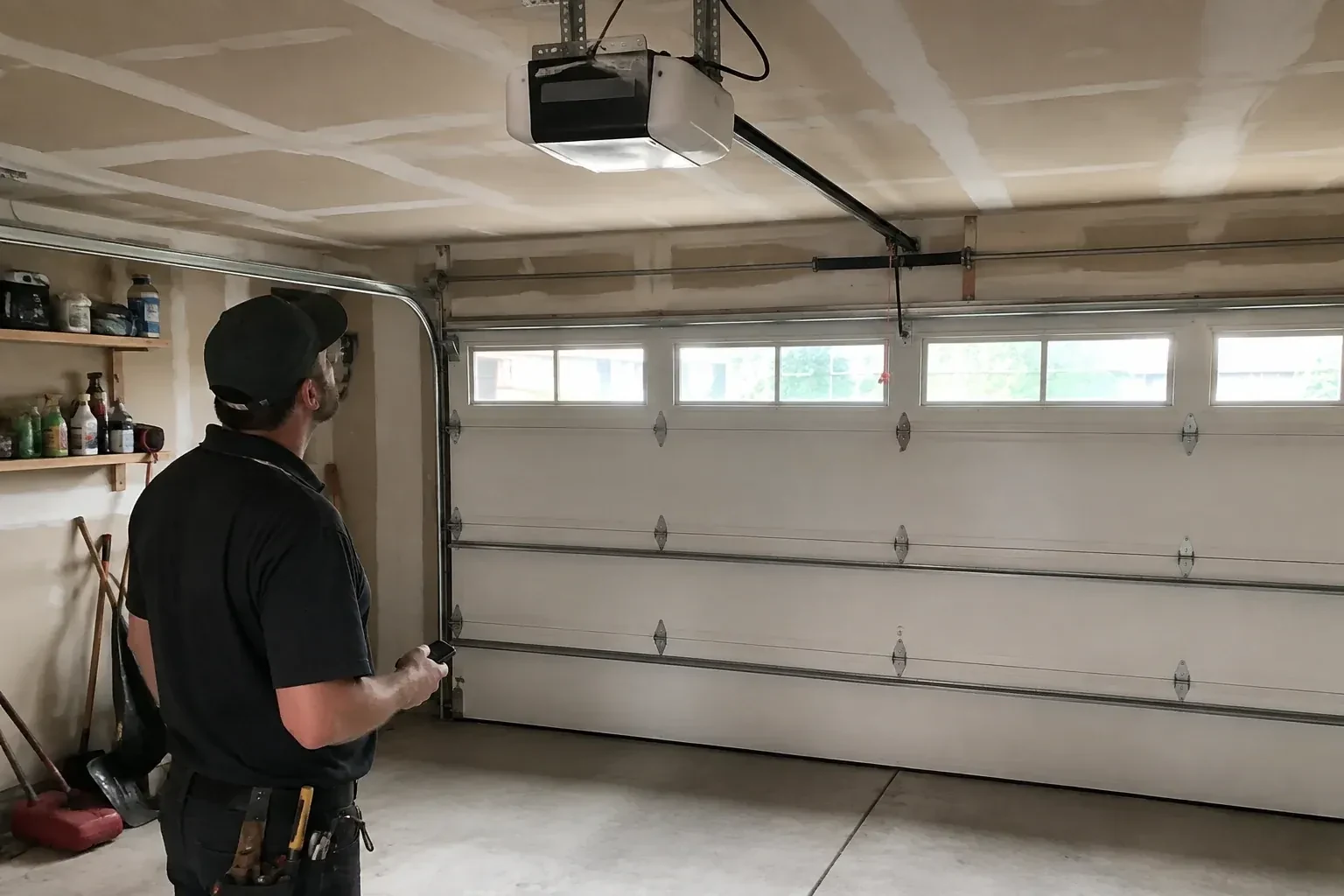 A person looks at an overhead opener above a closed garage door with a row of windows. — Garage Door Opener Replacement, Markham