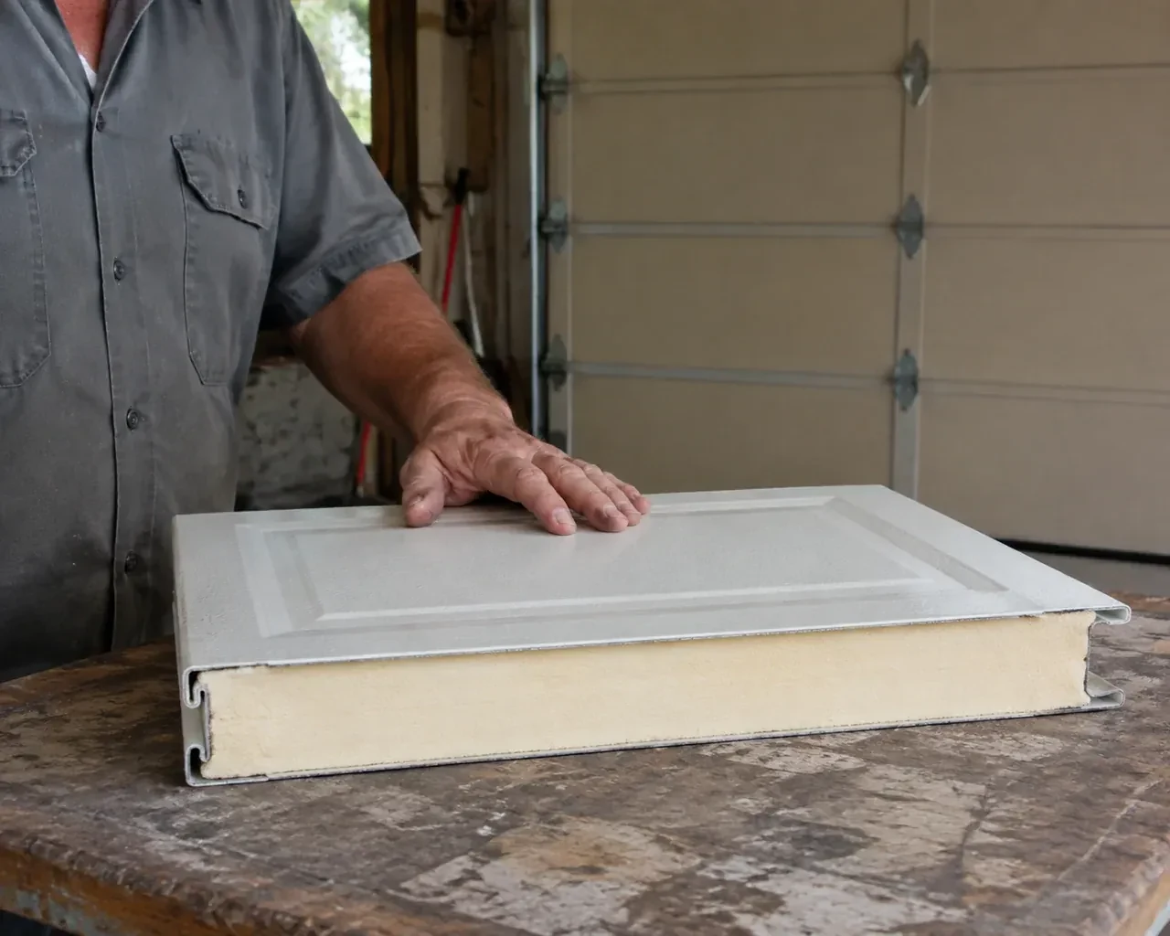 A panel sample exposes a cream foam core between thin metal faces on a garage workbench. — Insulated Steel Garage Door Installation, Markham