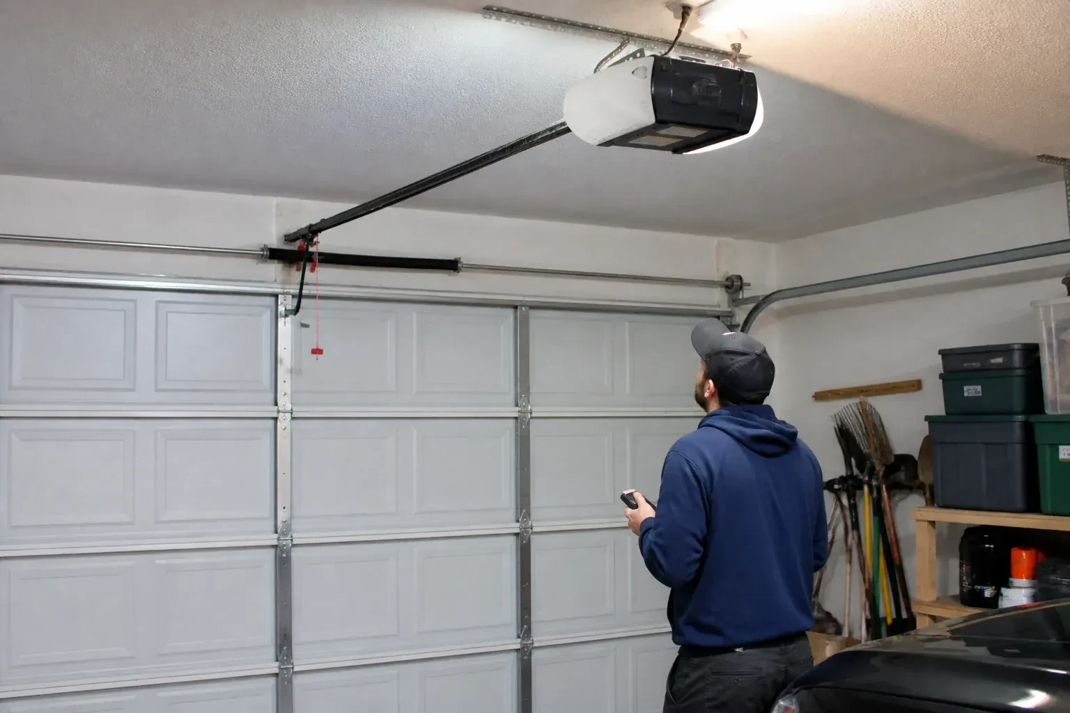 A person holding a remote looks toward an overhead garage-door opener and rail. — Garage Door Opener Diagnosis and Repair, Markham