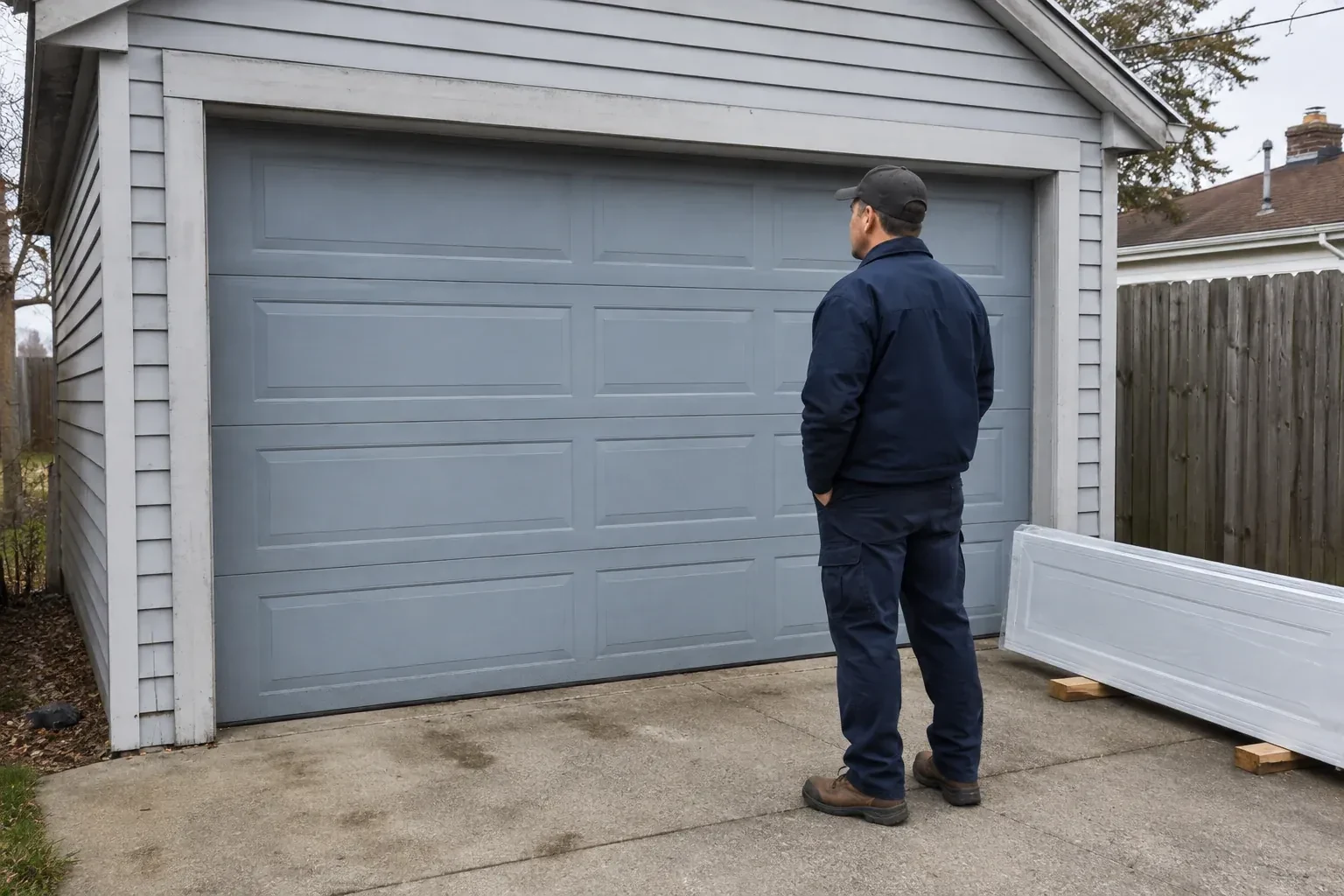 A person examines a blue-grey sectional garage door with a packaged door panel resting beside the driveway. — Sectional Garage Door Replacement, Markham