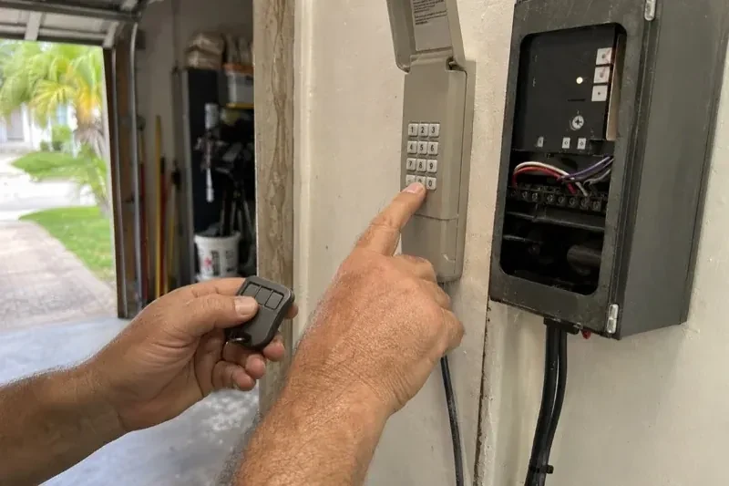 Hands holding a small remote and pressing a wall-mounted keypad beside an open control box with visible wiring. — Garage Door Remote and Keypad Programming, Markham