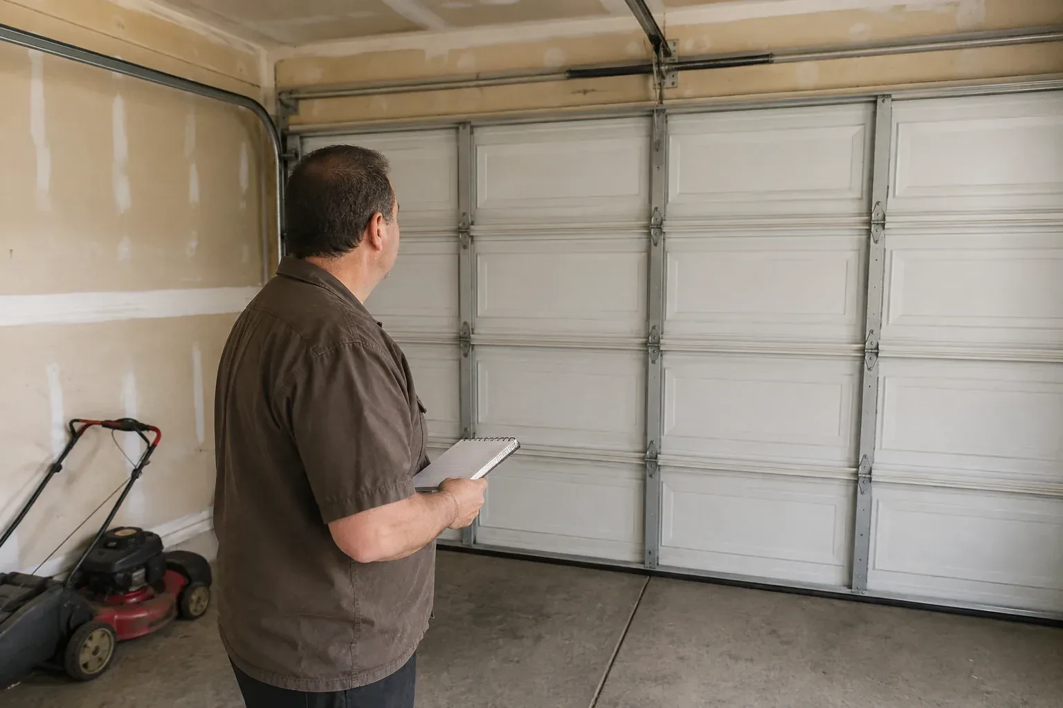 Technician holding a notebook while looking at a closed sectional door. — Garage Door Balance Adjustment, Markham