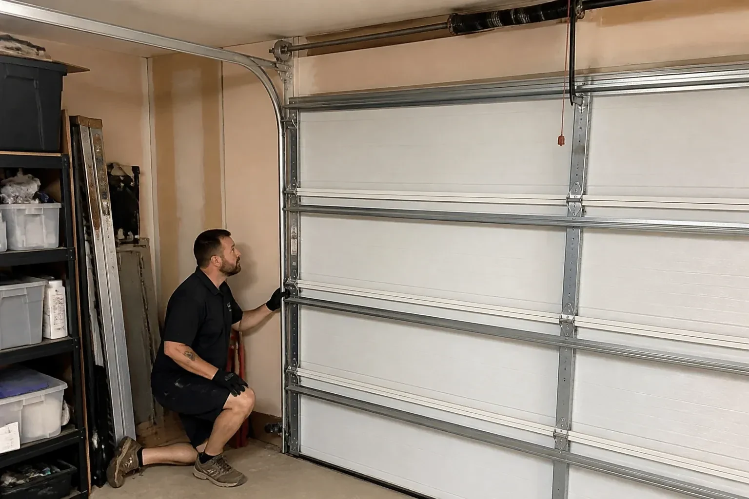A person examines the vertical side track of a closed garage door. — Garage Door Track Repair or Replacement, Mount Joy
