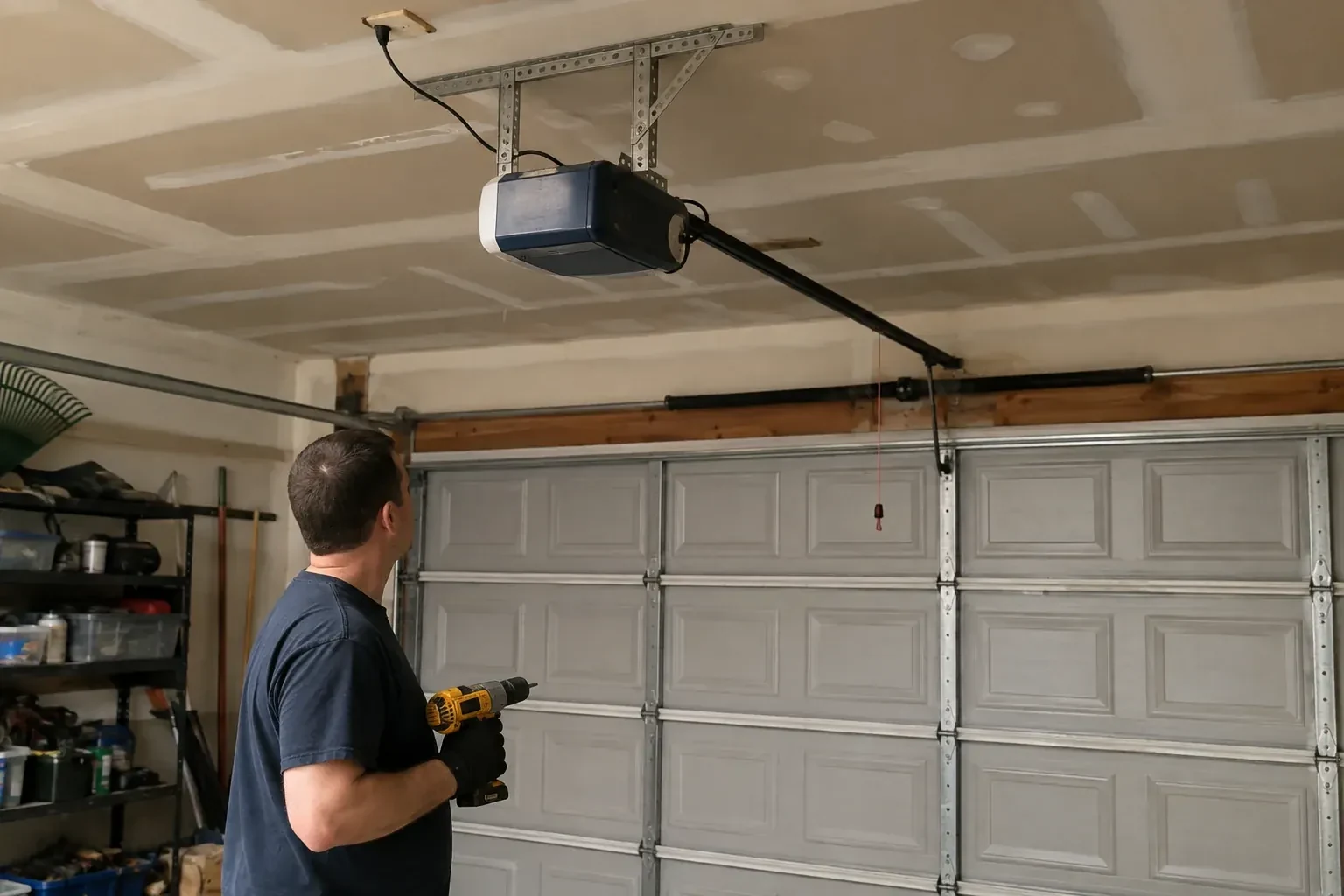 Person holding a yellow drill and looking up at a blue and white opener above a gray paneled garage door. — Chain-Drive Opener Repair, Markham